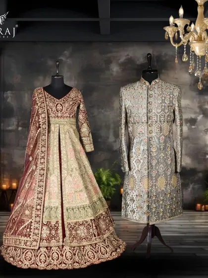 A magnificent couple's look. The bride's multi-color tissue silk and velvet gown is paired with the groom's emerald green velvet sherwani, creating a rich and opulent statement.