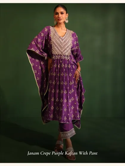 For a modern festive look, my Janam Crepe Purple Kaftan is the perfect choice. It's comfortable, stylish, and the beadwork on the neckline is exquisite.