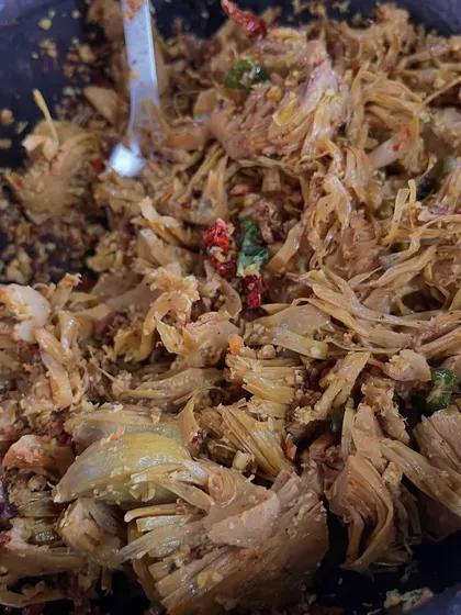 Our Vishu special, Jackfruit Thoran. Tender, shredded raw jackfruit is cooked with a fragrant coconut masala. It’s a dish that tastes like childhood and the comforting pull of nostalgia.