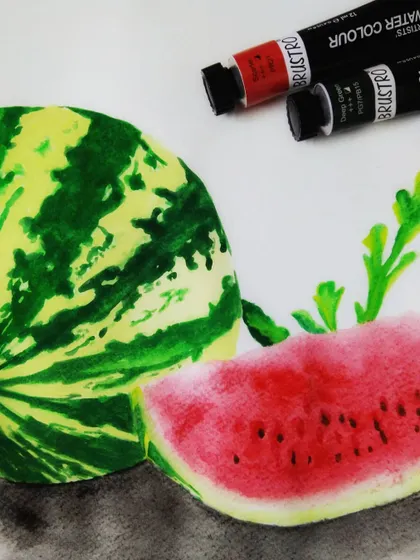 A watercolor study of a watermelon. This was a practice piece to explore the textures and fresh colors of the fruit using the wet-on-wet watercolor technique.