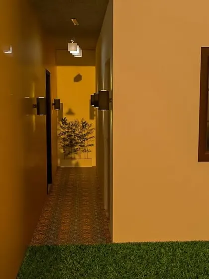 Another perspective of the hallway and exterior of the marriage hall concept. The design ensures a cohesive aesthetic between the indoor and outdoor spaces.