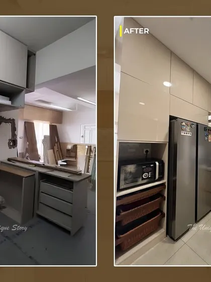 This before-and-after shot shows the transformation of a kitchen storage area. What was once a chaotic corner is now a seamless part of the kitchen, with integrated appliances and sleek, full-height cabinetry.