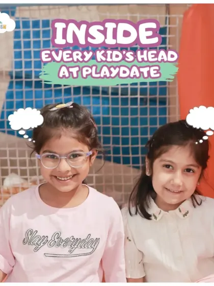 This series captures what's inside every kid's head at a playdate. Here, two friends smile, ready for their next adventure together in our play zone.
