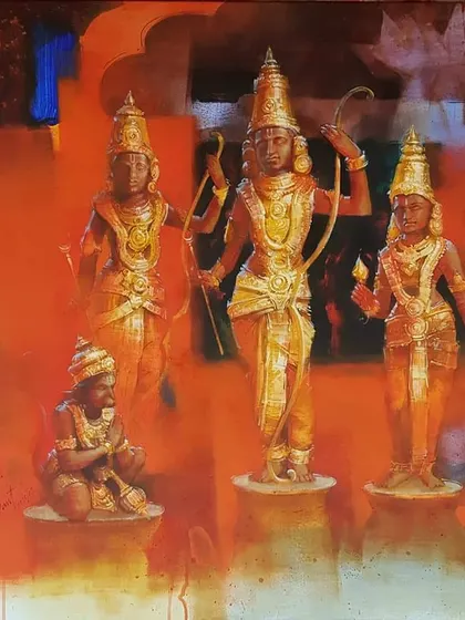 The completed Ram Darbar painting, featuring Ram, Lakshman, Sita, and Hanuman.