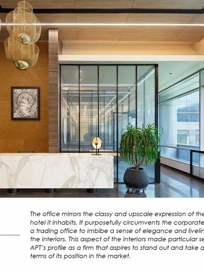 An image from the feature, noting how the APT office design mirrors the upscale expression of the luxury hotel it inhabits, creating a unique and elegant corporate vibe.