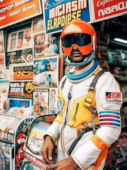 An astronaut browsing a local media store in Rocketganj. This image grounds the high-concept world in a relatable, everyday activity, adding a layer of realism to the fiction.