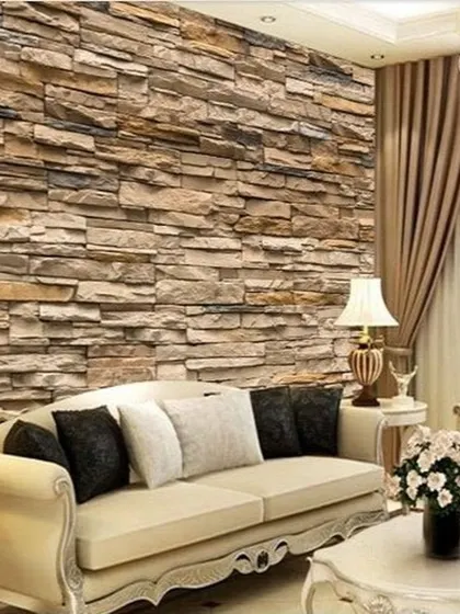 A duplicate of media 82, this 3D stone wallpaper adds texture and a rustic charm to this elegant living room setup.