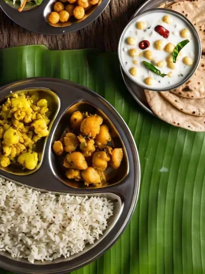 Another look at our simple home-style thali, focusing on the dry potato sabzi, rice, and soft rotis. The cooling raita and banana leaf presentation complete the experience.