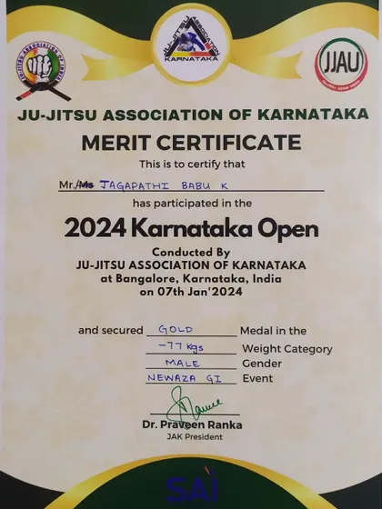 The official merit certificate for my gold medal win in the -77kg Gi division at the 2024 Karnataka Open.