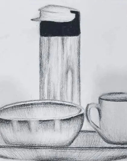 Another student's interpretation of the same still life setup. It's wonderful to see how each artist brings their own unique perspective to the same subject.