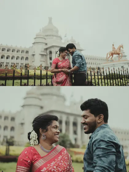 A collage of a couple's vintage-themed pre-wedding shoot in front of Bengaluru's Vidhana Soudha.