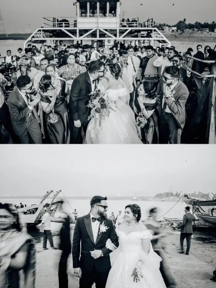 More moments from the ferry wedding, including a kiss and a motion-blur shot. This black and white collage shows both romance and artistic flair.