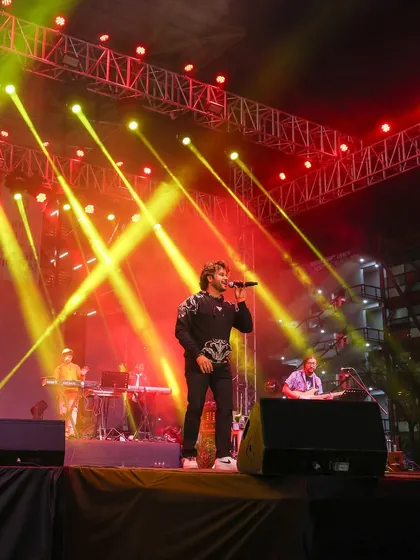 A full stage view of Javed Ali performing with his band at O.P. Jindal Global University, showcasing our complete sound and lighting setup.
