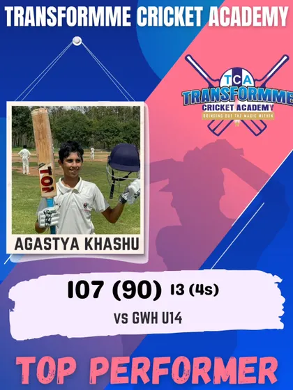 Agastya Khashu's fantastic century, scoring 107 runs in the U-14 Summer Carnival.