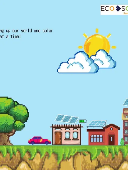 A fun, pixel-art graphic showing how we are "leveling up our world one solar panel at a time." It playfully connects the idea of powering up in a game to powering our lives with solar.