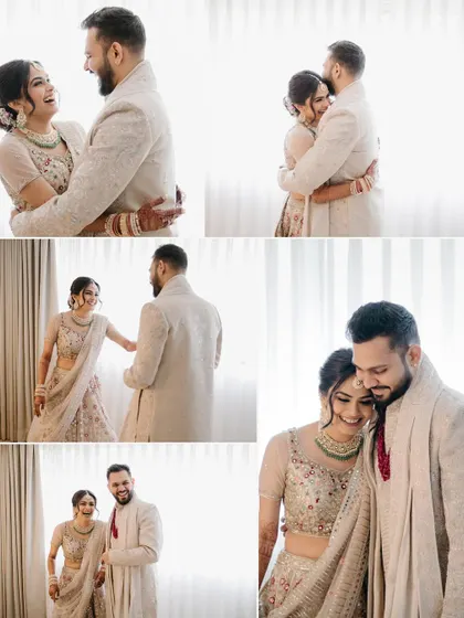 A collage of a couple's first look, filled with laughter, hugs, and sweet interactions, beautifully documenting their excitement and love.