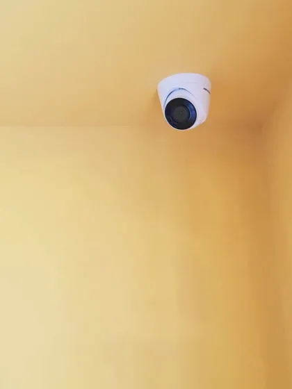 A single dome camera installed on a yellow ceiling, showing how it can blend into different environments.