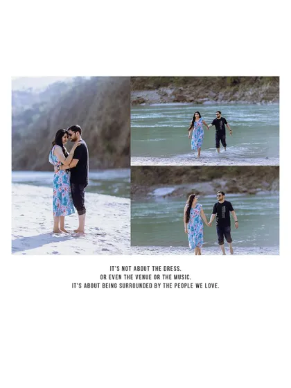 A clean, minimalist album layout with a quote, featuring a main portrait and two smaller walking shots of a couple on a beach.