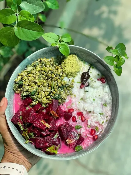A bowl of gut-loving goodness featuring fermented Rajmudi rice. Fermented foods are rich in prebiotics that feed the good bacteria in your gut, making them especially helpful if you've recently taken antibiotics.