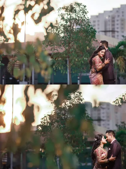A diptych showing the couple's romantic embrace, with the golden hour light creating a beautiful, warm glow.