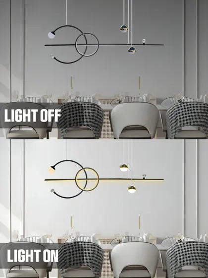 A modern linear chandelier, shown here in both its on and off states.