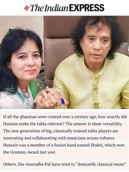 I was honored to be featured in this Indian Express article, sharing my gratitude for my Guru Ustad Zakir Hussain's timeless legacy.