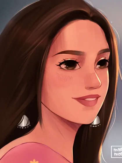 The completed portrait from the previous work-in-progress shot. This illustration captures a soft, dreamy expression with subtle background lighting.