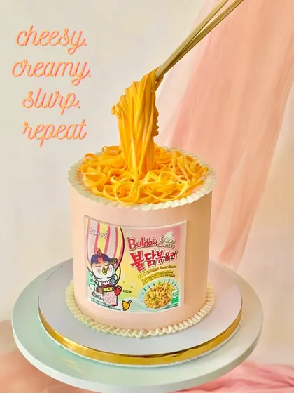A stylized shot of the cheesy ramen cake, perfect for sharing.