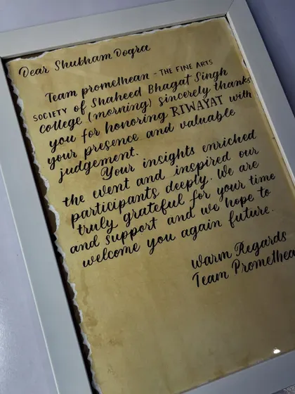 A beautiful, handcrafted letter of thanks from the fine arts society of the college.