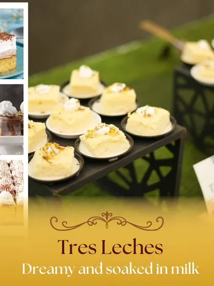 A collage of our dreamy Tres Leches cake, soaked in milk and beautifully presented. This popular dessert is a favorite at weddings and corporate events alike.