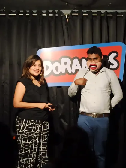 Another angle of the human puppet act from a show in Mumbai. I use a simple remote to control the mask, and the resulting "conversation" is always hilarious.