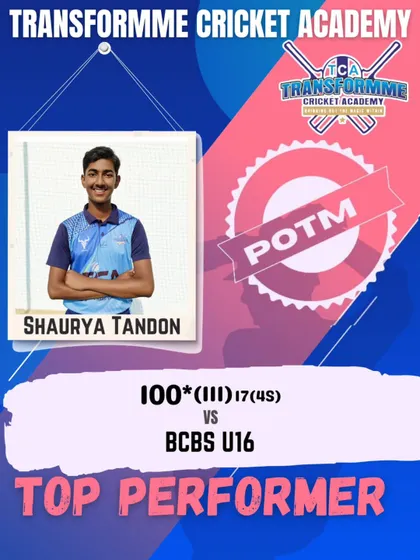 Shaurya Tandon was named Player of the Match for his unbeaten century against BCBS U-16. His flawless 100 not out is a result of his dedication in the nets and his strong mental game.