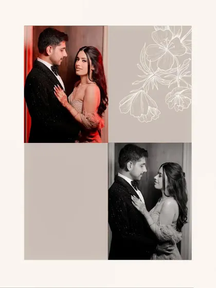 A collage of Rishabh and Proumya, blending color and monochrome portraits for a stylish effect.