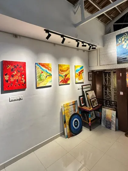 Our gallery space during an exhibition, with a variety of artworks displayed on the walls and floor. We aim to create a dynamic and engaging environment for art lovers.