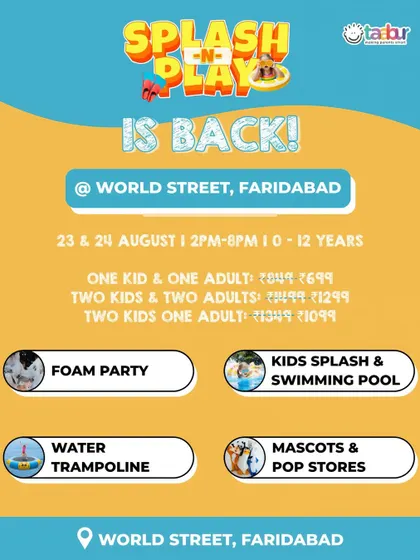 Splash-N-Play is back! This poster announces the return of the popular water carnival in Faridabad, with details on activities and pricing.