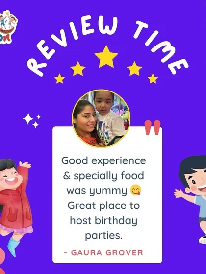 A review from Gaura Grover praising the good experience and yummy food, calling it a "great place to host birthday parties."