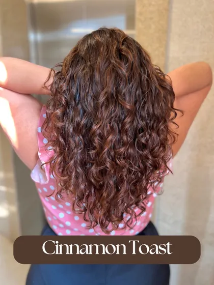 This Cinnamon Toast color on curly hair is warm, spicy, and delicious. It's a no-bleach color that brings out the best in these curls.