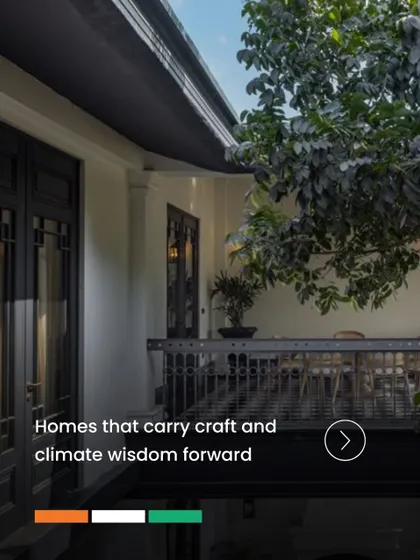 A view of the upper-level verandah at the House of Verandahs, showcasing how we carry craft and climate wisdom forward. These transitional spaces are fundamental to our design, providing shade, encouraging cross-breeze, and connecting inhabitants with nature.