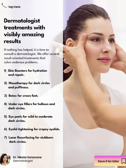 When at-home care isn't enough, I offer several result-oriented treatments. These include skin boosters for repair, under-eye fillers for hollows, eye peels for dark circles, and laser resurfacing for stubborn concerns.
