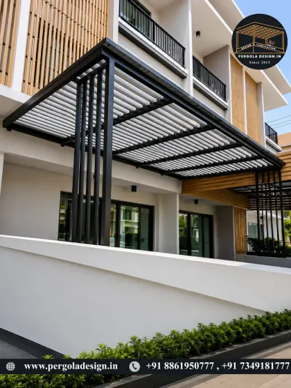 For this project, we created a cantilevered carport with a louvered roof that integrates directly into the building's facade. The black powder-coated steel structure provides a sharp, modern contrast against the home's exterior, demonstrating how a carport can be a seamless architectural extension.
