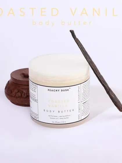 My exotic Toasted Vanilla Body Butter is made with premium oils like Tamanu and sweet almond, plus natural butters. It soothes dry skin, heals sun damage, and has anti-aging benefits.