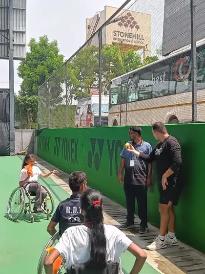 Young players participate in a drill during our kids' workshop. These events are a great introduction to the fundamentals of adaptive sports.