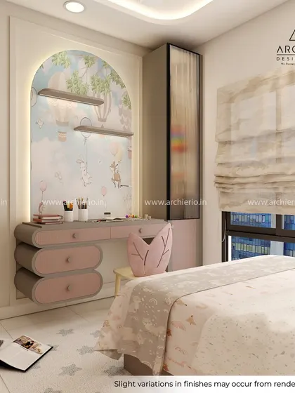 This magical kids' room features a whimsical study area set within a decorative arch. The floating desk with curved drawers and pastel colors creates a space that is both fun and functional.