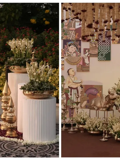 A diptych showcasing traditional decor elements, including brass temple-style pillars and a wall of Pichwai-inspired art, reflecting my commitment to cultural themes.