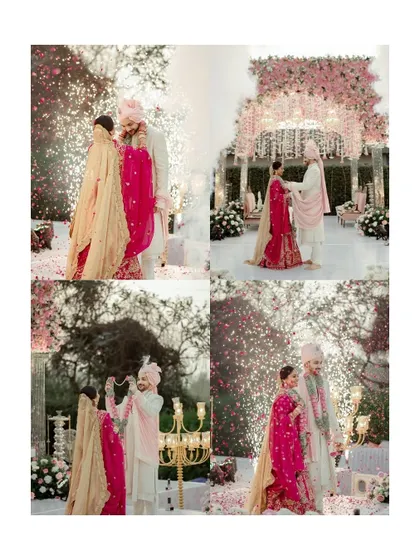 A collage of the Varmala ceremony, showing the couple exchanging garlands amidst sparklers and a beautiful floral setup. It captures the grandeur and romance of the moment.