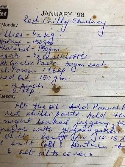 A handwritten recipe for Red Chilly Chutney from 1998. How do you capture the smell of aloo puri or the taste of Diwali mithai? You write it down, before it gets lost to time.