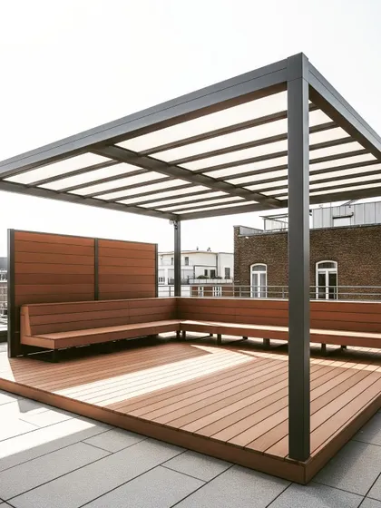 A minimalist and modern rooftop deck. The space is defined by a sleek metal pergola with a composite wood floor and matching built-in benches, creating a clean and highly functional area for commercial or residential use.