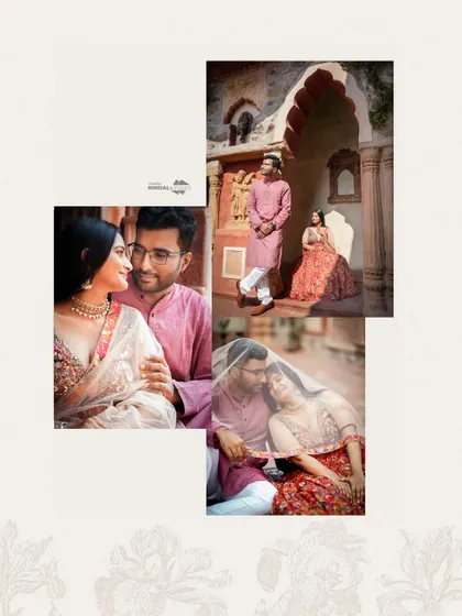 This collage captures the essence of a royal pre-wedding shoot, from stolen glances and loving embraces to full-length shots showcasing the beautiful traditional outfits.