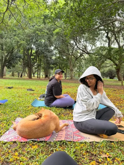 Even the local doggos join in for some relaxation during our park yoga sessions. This little guy made himself right at home on a yoga mat.