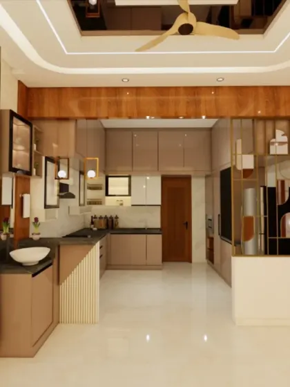 A view of a kitchen and dining area, showing a crockery unit and a wash basin integrated into a single, cohesive piece of furniture.